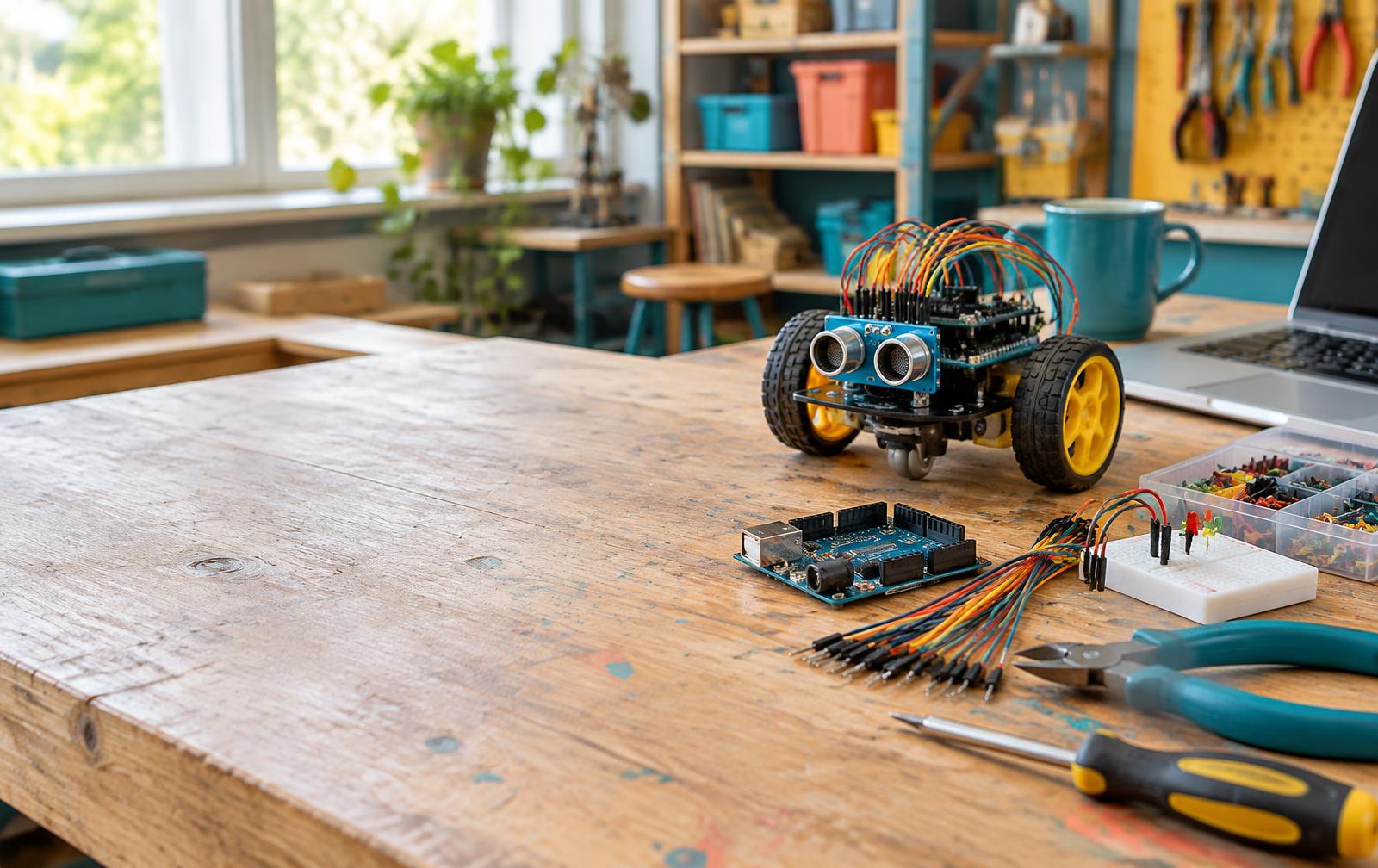 Robot éducatif et matériel électronique sur un établi